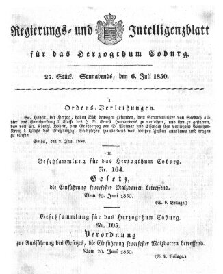 Regierungs- und Intelligenzblatt für das Herzogtum Coburg (Coburger Regierungs-Blatt) Samstag 6. Juli 1850