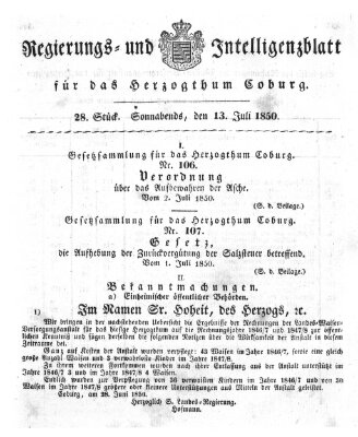 Regierungs- und Intelligenzblatt für das Herzogtum Coburg (Coburger Regierungs-Blatt) Samstag 13. Juli 1850