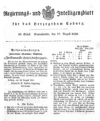 Regierungs- und Intelligenzblatt für das Herzogtum Coburg (Coburger Regierungs-Blatt) Samstag 17. August 1850