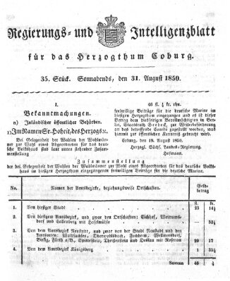 Regierungs- und Intelligenzblatt für das Herzogtum Coburg (Coburger Regierungs-Blatt) Samstag 31. August 1850