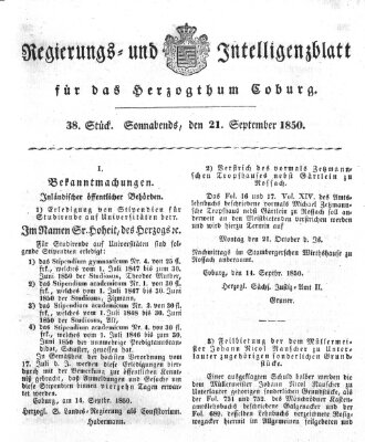 Regierungs- und Intelligenzblatt für das Herzogtum Coburg (Coburger Regierungs-Blatt) Samstag 21. September 1850