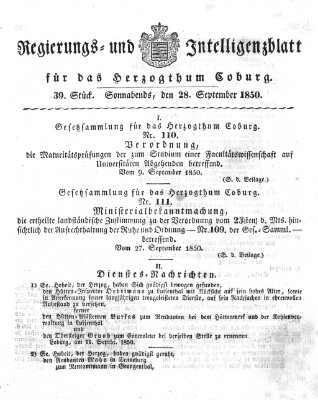 Regierungs- und Intelligenzblatt für das Herzogtum Coburg (Coburger Regierungs-Blatt) Samstag 28. September 1850