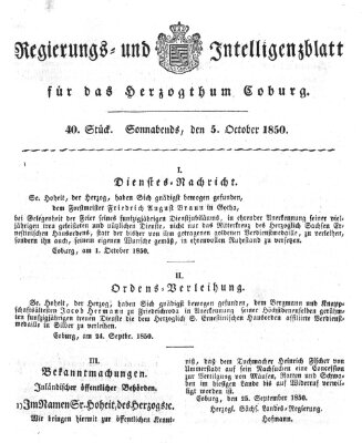 Regierungs- und Intelligenzblatt für das Herzogtum Coburg (Coburger Regierungs-Blatt) Samstag 5. Oktober 1850