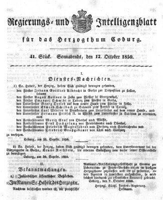 Regierungs- und Intelligenzblatt für das Herzogtum Coburg (Coburger Regierungs-Blatt) Samstag 12. Oktober 1850