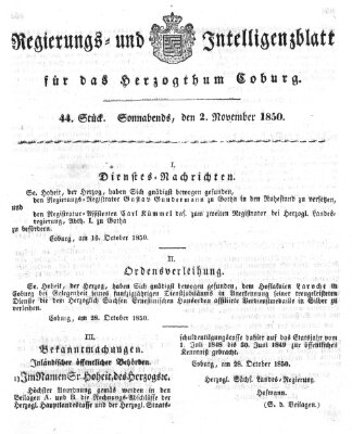 Regierungs- und Intelligenzblatt für das Herzogtum Coburg (Coburger Regierungs-Blatt) Samstag 2. November 1850