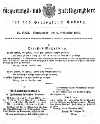 Regierungs- und Intelligenzblatt für das Herzogtum Coburg (Coburger Regierungs-Blatt) Samstag 9. November 1850