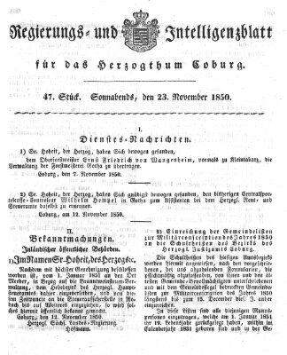 Regierungs- und Intelligenzblatt für das Herzogtum Coburg (Coburger Regierungs-Blatt) Samstag 23. November 1850