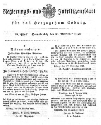 Regierungs- und Intelligenzblatt für das Herzogtum Coburg (Coburger Regierungs-Blatt) Samstag 30. November 1850