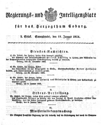 Regierungs- und Intelligenzblatt für das Herzogtum Coburg (Coburger Regierungs-Blatt) Samstag 11. Januar 1851