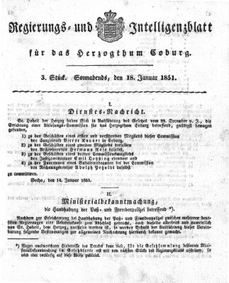 Regierungs- und Intelligenzblatt für das Herzogtum Coburg (Coburger Regierungs-Blatt) Samstag 18. Januar 1851