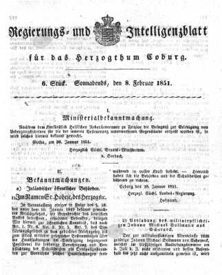 Regierungs- und Intelligenzblatt für das Herzogtum Coburg (Coburger Regierungs-Blatt) Samstag 8. Februar 1851