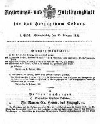 Regierungs- und Intelligenzblatt für das Herzogtum Coburg (Coburger Regierungs-Blatt) Samstag 15. Februar 1851