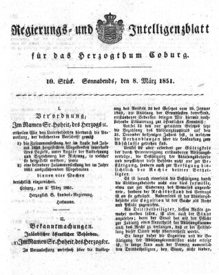 Regierungs- und Intelligenzblatt für das Herzogtum Coburg (Coburger Regierungs-Blatt) Samstag 8. März 1851