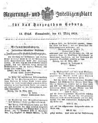 Regierungs- und Intelligenzblatt für das Herzogtum Coburg (Coburger Regierungs-Blatt) Samstag 15. März 1851