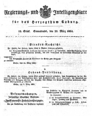 Regierungs- und Intelligenzblatt für das Herzogtum Coburg (Coburger Regierungs-Blatt) Samstag 22. März 1851