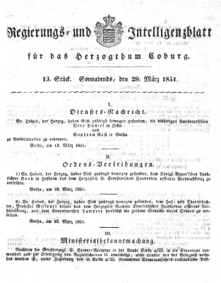 Regierungs- und Intelligenzblatt für das Herzogtum Coburg (Coburger Regierungs-Blatt) Samstag 29. März 1851