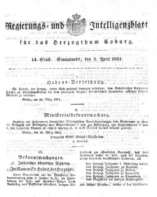 Regierungs- und Intelligenzblatt für das Herzogtum Coburg (Coburger Regierungs-Blatt) Samstag 5. April 1851