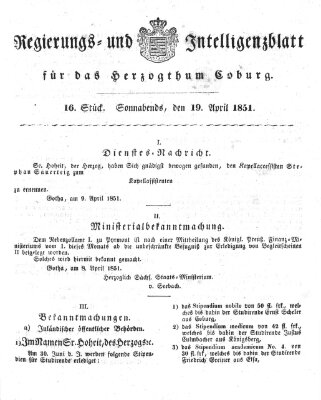 Regierungs- und Intelligenzblatt für das Herzogtum Coburg (Coburger Regierungs-Blatt) Samstag 19. April 1851