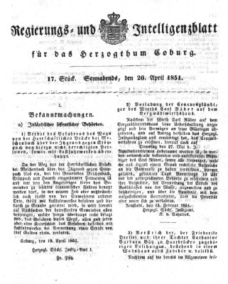 Regierungs- und Intelligenzblatt für das Herzogtum Coburg (Coburger Regierungs-Blatt) Samstag 26. April 1851