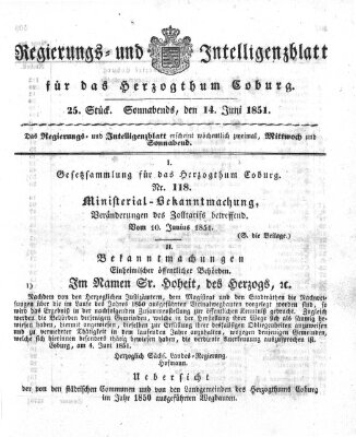 Regierungs- und Intelligenzblatt für das Herzogtum Coburg (Coburger Regierungs-Blatt) Samstag 14. Juni 1851