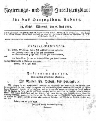 Regierungs- und Intelligenzblatt für das Herzogtum Coburg (Coburger Regierungs-Blatt) Mittwoch 9. Juli 1851