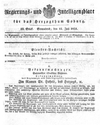 Regierungs- und Intelligenzblatt für das Herzogtum Coburg (Coburger Regierungs-Blatt) Samstag 12. Juli 1851