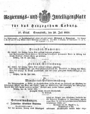 Regierungs- und Intelligenzblatt für das Herzogtum Coburg (Coburger Regierungs-Blatt) Samstag 26. Juli 1851