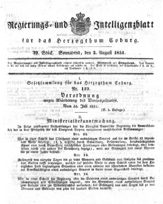 Regierungs- und Intelligenzblatt für das Herzogtum Coburg (Coburger Regierungs-Blatt) Samstag 2. August 1851