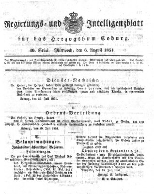 Regierungs- und Intelligenzblatt für das Herzogtum Coburg (Coburger Regierungs-Blatt) Mittwoch 6. August 1851