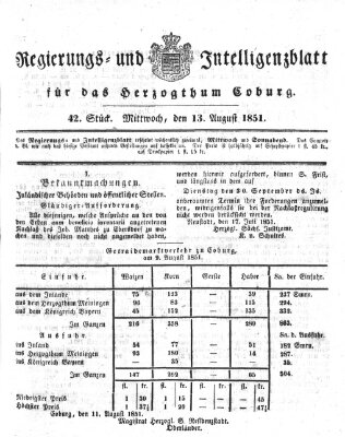 Regierungs- und Intelligenzblatt für das Herzogtum Coburg (Coburger Regierungs-Blatt) Mittwoch 13. August 1851