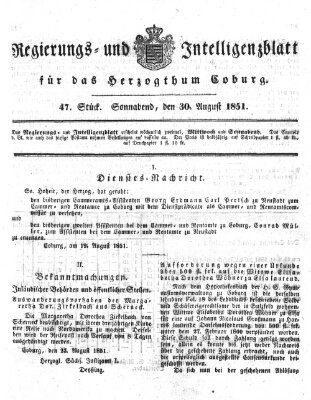 Regierungs- und Intelligenzblatt für das Herzogtum Coburg (Coburger Regierungs-Blatt) Samstag 30. August 1851