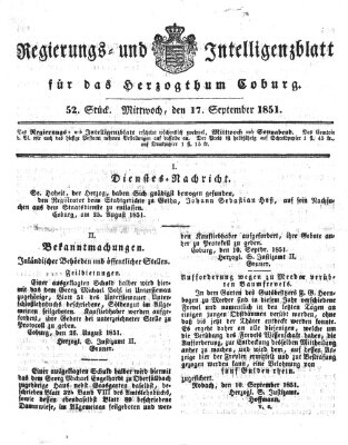 Regierungs- und Intelligenzblatt für das Herzogtum Coburg (Coburger Regierungs-Blatt) Mittwoch 17. September 1851