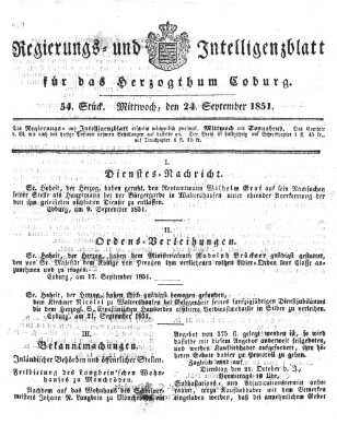 Regierungs- und Intelligenzblatt für das Herzogtum Coburg (Coburger Regierungs-Blatt) Mittwoch 24. September 1851