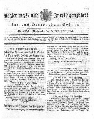 Regierungs- und Intelligenzblatt für das Herzogtum Coburg (Coburger Regierungs-Blatt) Mittwoch 5. November 1851