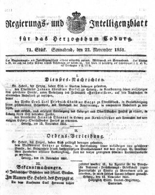 Regierungs- und Intelligenzblatt für das Herzogtum Coburg (Coburger Regierungs-Blatt) Samstag 22. November 1851