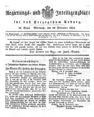 Regierungs- und Intelligenzblatt für das Herzogtum Coburg (Coburger Regierungs-Blatt) Mittwoch 10. Dezember 1851