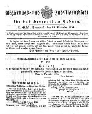 Regierungs- und Intelligenzblatt für das Herzogtum Coburg (Coburger Regierungs-Blatt) Samstag 13. Dezember 1851