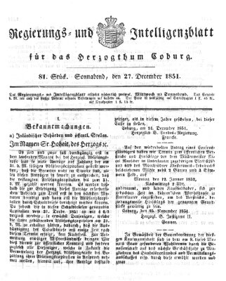 Regierungs- und Intelligenzblatt für das Herzogtum Coburg (Coburger Regierungs-Blatt) Samstag 27. Dezember 1851