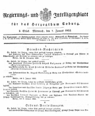 Regierungs- und Intelligenzblatt für das Herzogtum Coburg (Coburger Regierungs-Blatt) Mittwoch 7. Januar 1852