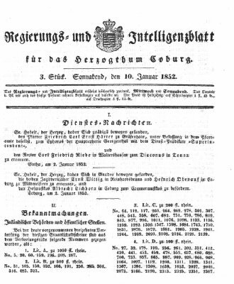 Regierungs- und Intelligenzblatt für das Herzogtum Coburg (Coburger Regierungs-Blatt) Samstag 10. Januar 1852