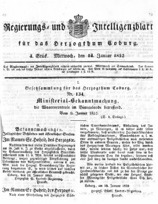 Regierungs- und Intelligenzblatt für das Herzogtum Coburg (Coburger Regierungs-Blatt) Mittwoch 14. Januar 1852