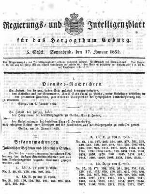 Regierungs- und Intelligenzblatt für das Herzogtum Coburg (Coburger Regierungs-Blatt) Samstag 17. Januar 1852