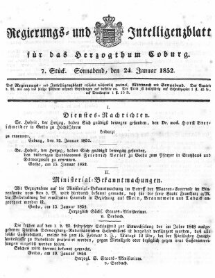 Regierungs- und Intelligenzblatt für das Herzogtum Coburg (Coburger Regierungs-Blatt) Samstag 24. Januar 1852