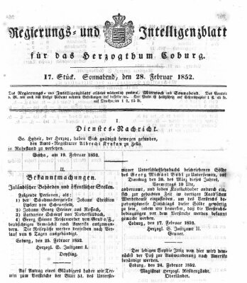 Regierungs- und Intelligenzblatt für das Herzogtum Coburg (Coburger Regierungs-Blatt) Samstag 28. Februar 1852