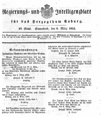 Regierungs- und Intelligenzblatt für das Herzogtum Coburg (Coburger Regierungs-Blatt) Samstag 6. März 1852