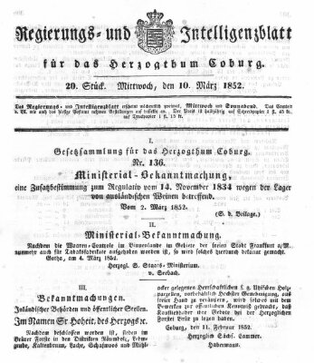 Regierungs- und Intelligenzblatt für das Herzogtum Coburg (Coburger Regierungs-Blatt) Mittwoch 10. März 1852