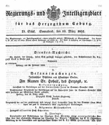 Regierungs- und Intelligenzblatt für das Herzogtum Coburg (Coburger Regierungs-Blatt) Samstag 13. März 1852