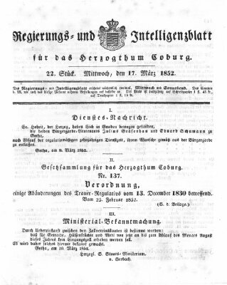 Regierungs- und Intelligenzblatt für das Herzogtum Coburg (Coburger Regierungs-Blatt) Mittwoch 17. März 1852