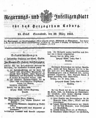 Regierungs- und Intelligenzblatt für das Herzogtum Coburg (Coburger Regierungs-Blatt) Samstag 20. März 1852