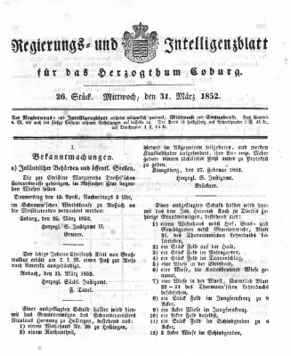 Regierungs- und Intelligenzblatt für das Herzogtum Coburg (Coburger Regierungs-Blatt) Mittwoch 31. März 1852